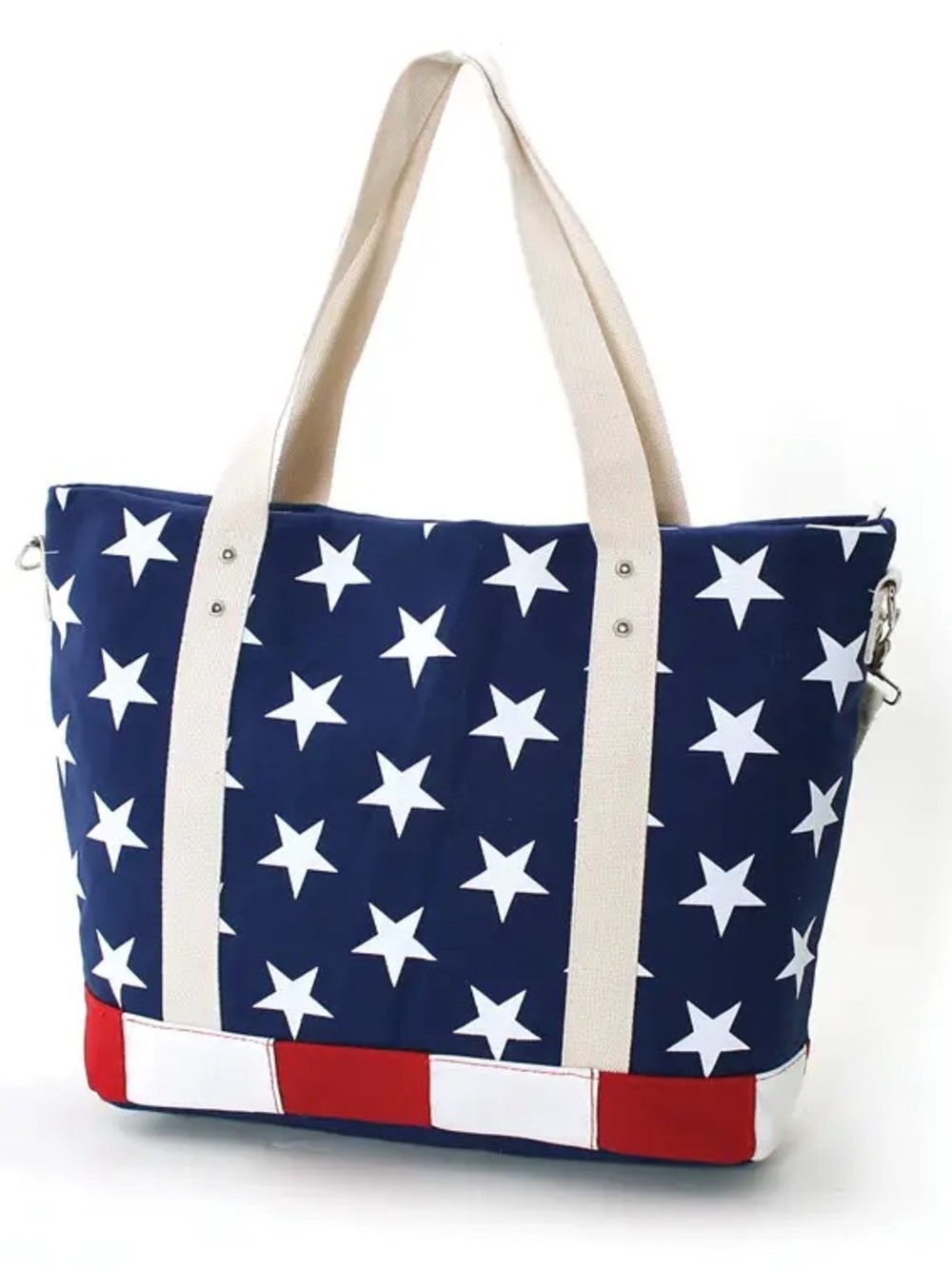 Navy Star Print Canvas Tote Bag with Red Accent